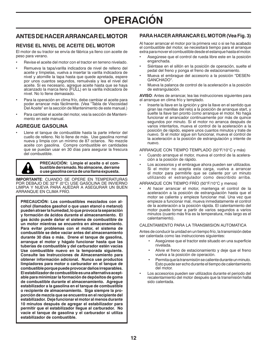 Operación, Antes de hacer arrancar el mo tor | Poulan Pro PB20VA48 LAWN TRACTOR User Manual | Page 42 / 60