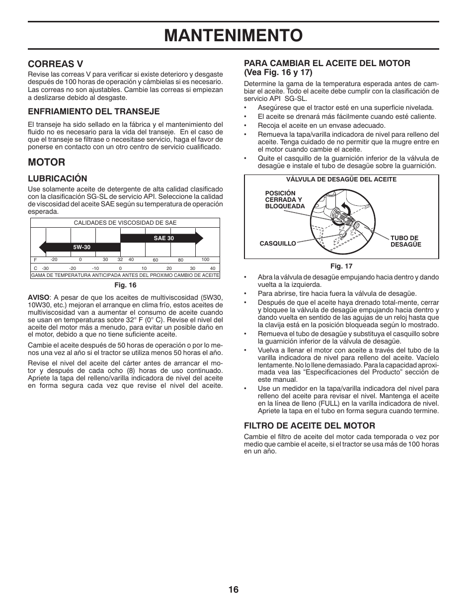 Mantenimento, Motor, Correas v | Lubricación, Filtro de aceite del motor, Enfriamiento del transeje | Poulan Pro PB20VA48 LAWN TRACTOR User Manual | Page 46 / 60