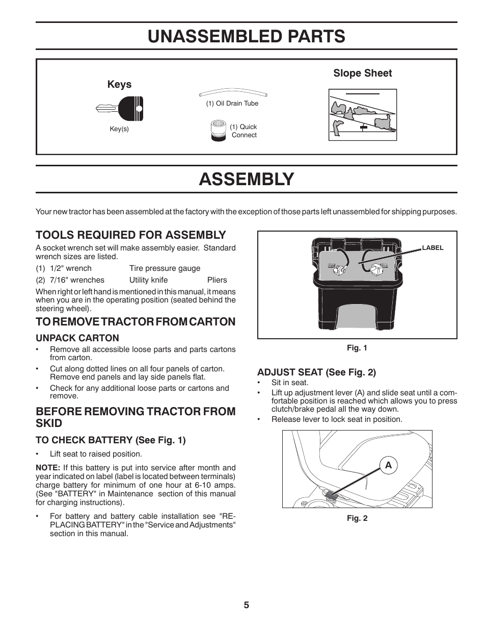 Assembly unassembled parts, Tools required for assembly, Before removing tractor from skid | Poulan Pro PB20VA48 LAWN TRACTOR User Manual | Page 5 / 60