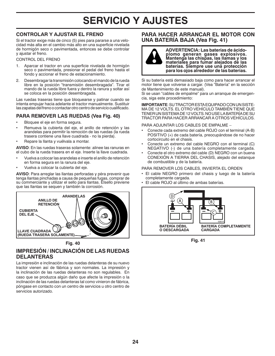 Servicio y ajustes, Impresión / inclinación de las ruedas delanteras | Poulan Pro PB20VA48 LAWN TRACTOR User Manual | Page 54 / 60