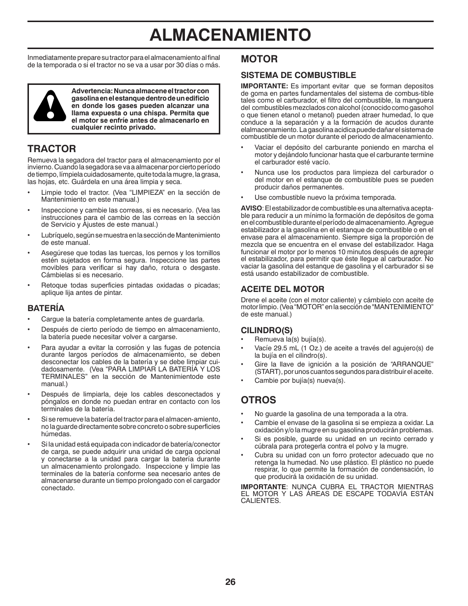 Almacenamiento, Tractor, Motor | Otros | Poulan Pro PB20VA48 LAWN TRACTOR User Manual | Page 56 / 60