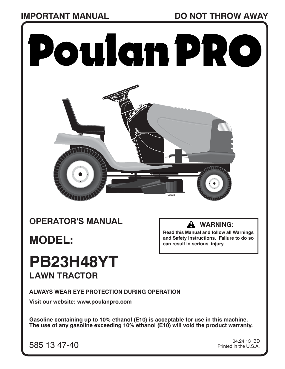 Poulan Pro PB23H48YT LAWN TRACTOR User Manual | 60 pages