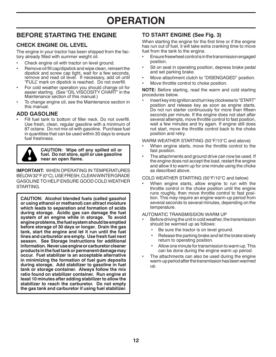 Operation, Before starting the engine | Poulan Pro PB23H48YT LAWN TRACTOR User Manual | Page 12 / 60