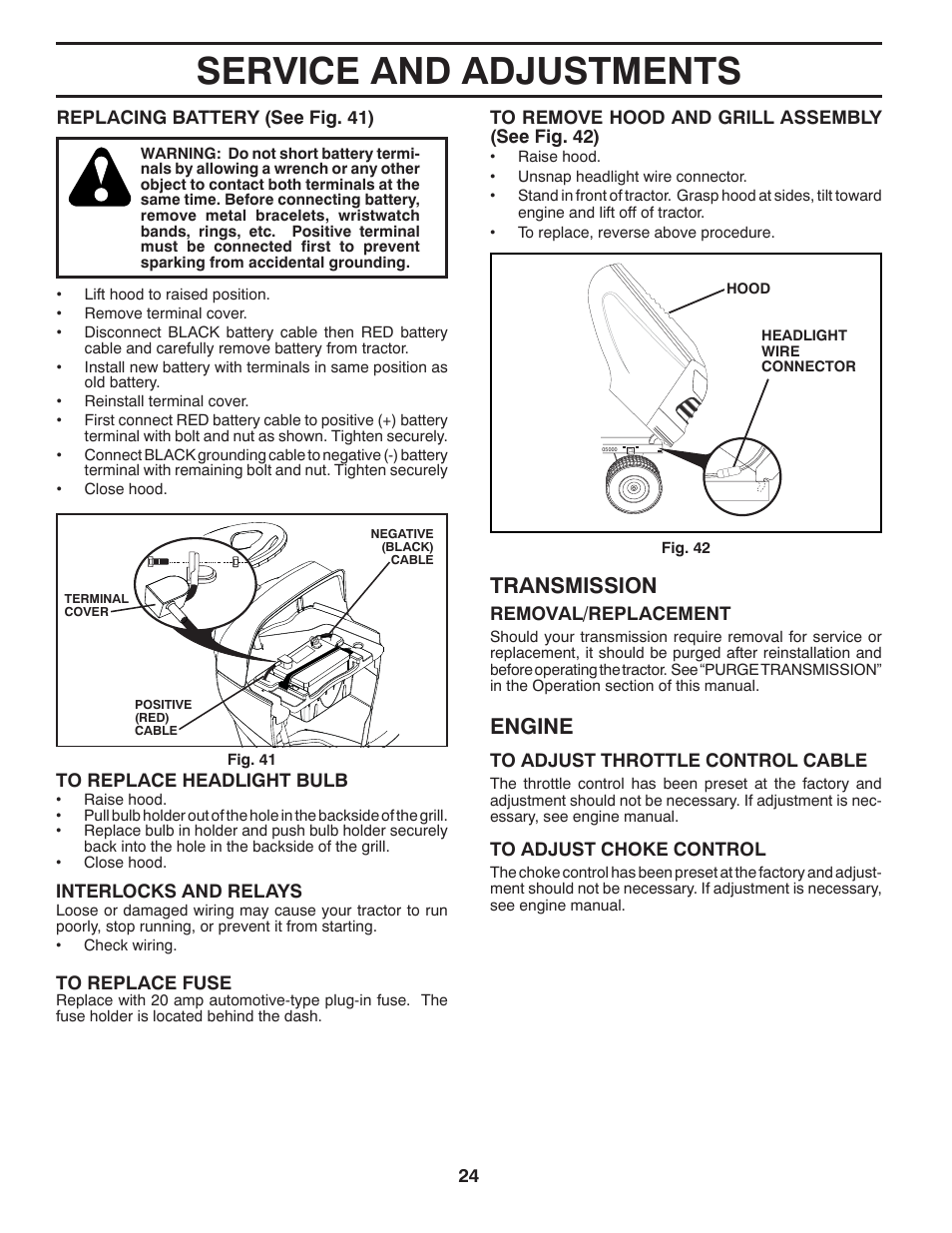 Service and adjustments, Transmission, Engine | Poulan Pro PB23H48YT LAWN TRACTOR User Manual | Page 24 / 60