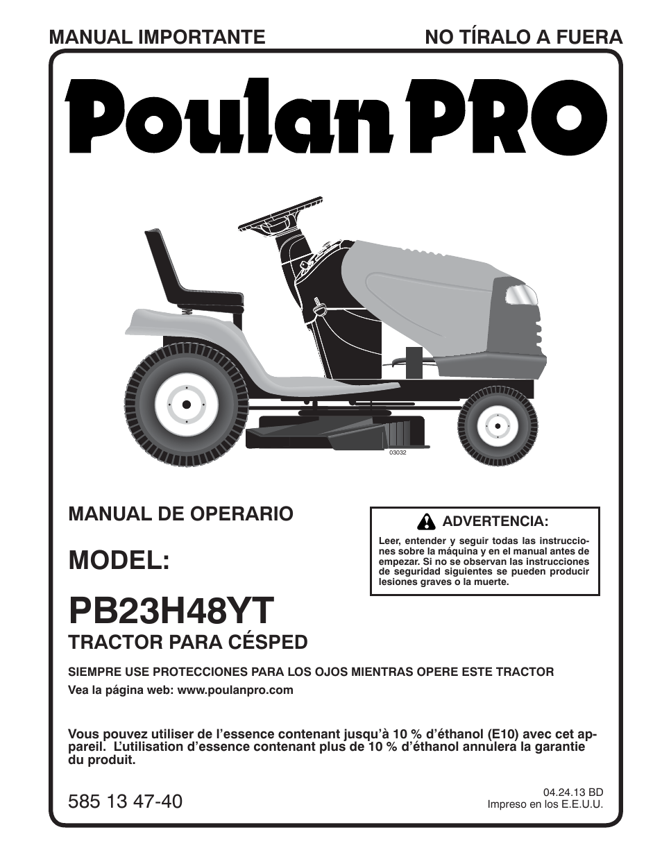 Pb23h48yt, Model, Tractor para césped | Poulan Pro PB23H48YT LAWN TRACTOR User Manual | Page 31 / 60