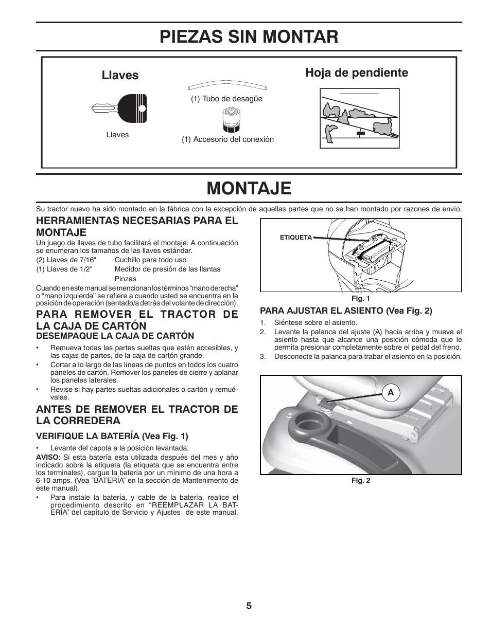 Piezas sin montar montaje, Llaves, Hoja de pendiente | Para remover el tractor de la caja de cartón | Poulan Pro PB23H48YT LAWN TRACTOR User Manual | Page 35 / 60