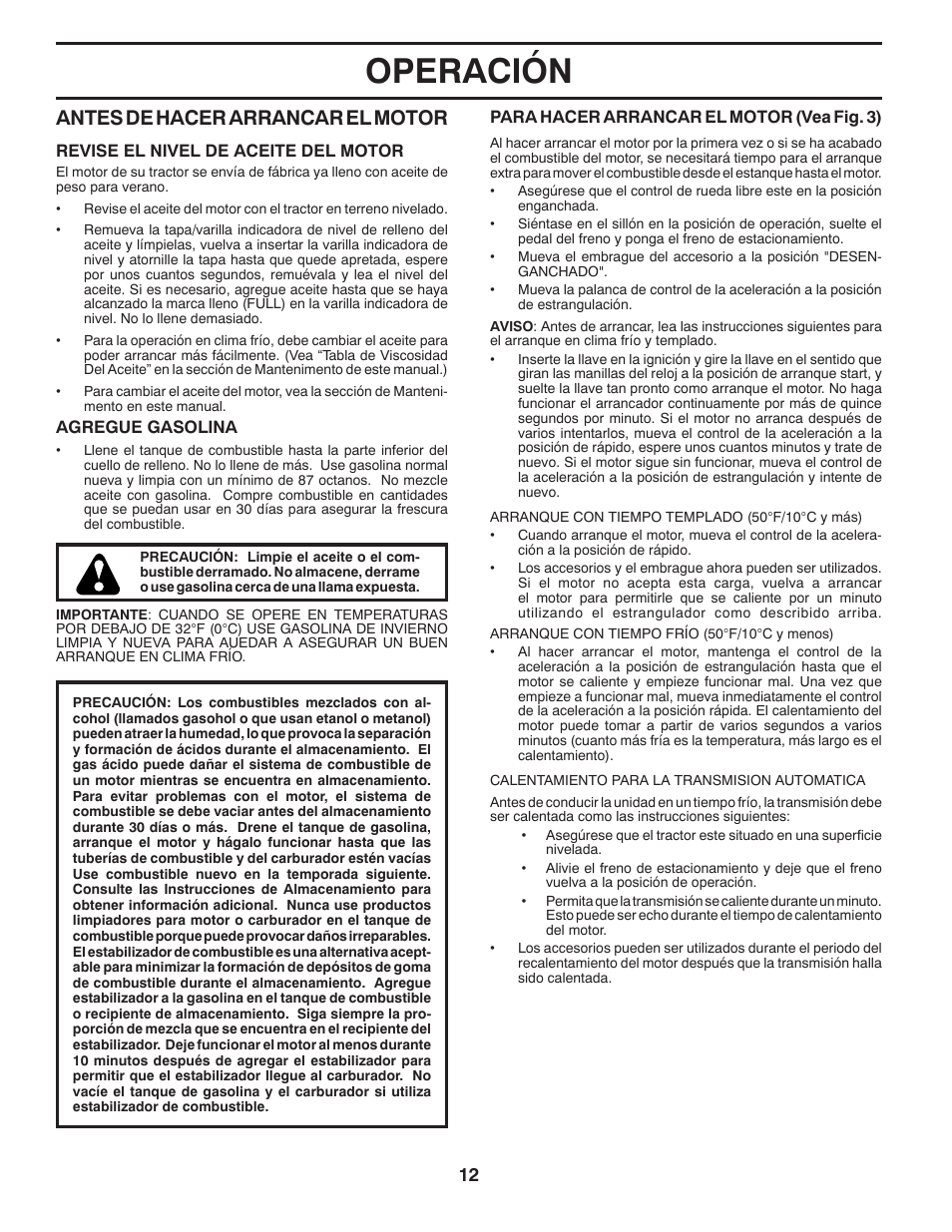 Operación, Antes de hacer arrancar el mo tor | Poulan Pro PB23H48YT LAWN TRACTOR User Manual | Page 42 / 60