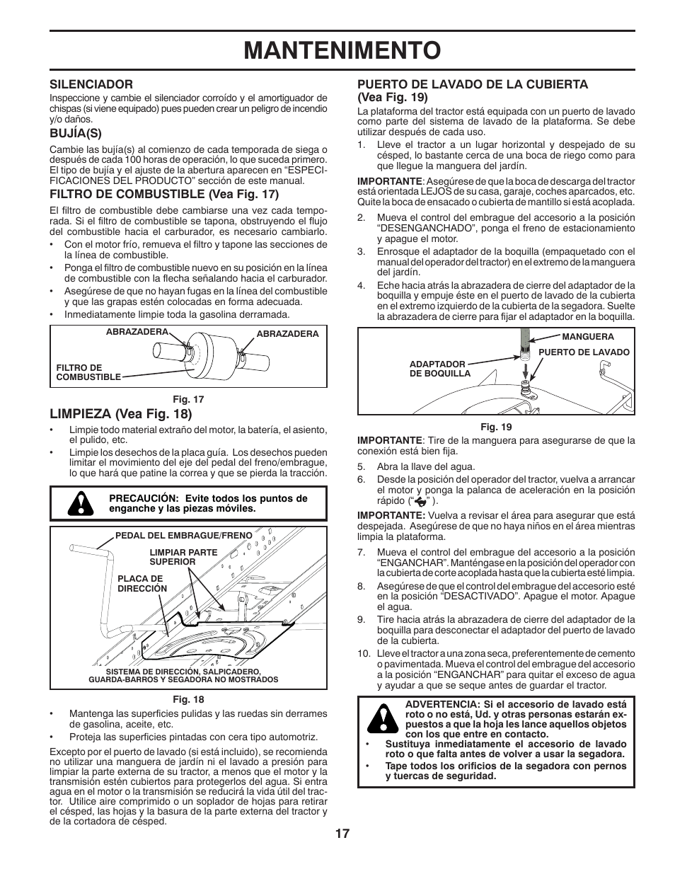 Mantenimento, Limpieza (vea fig. 18) | Poulan Pro PB23H48YT LAWN TRACTOR User Manual | Page 47 / 60