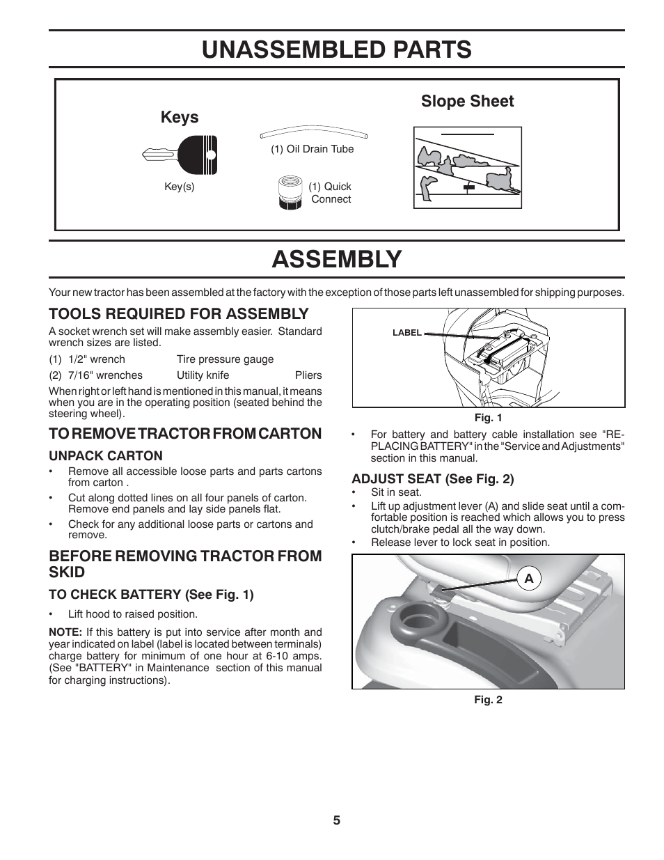 Assembly unassembled parts, Slope sheet keys | Poulan Pro PB23H48YT LAWN TRACTOR User Manual | Page 5 / 60