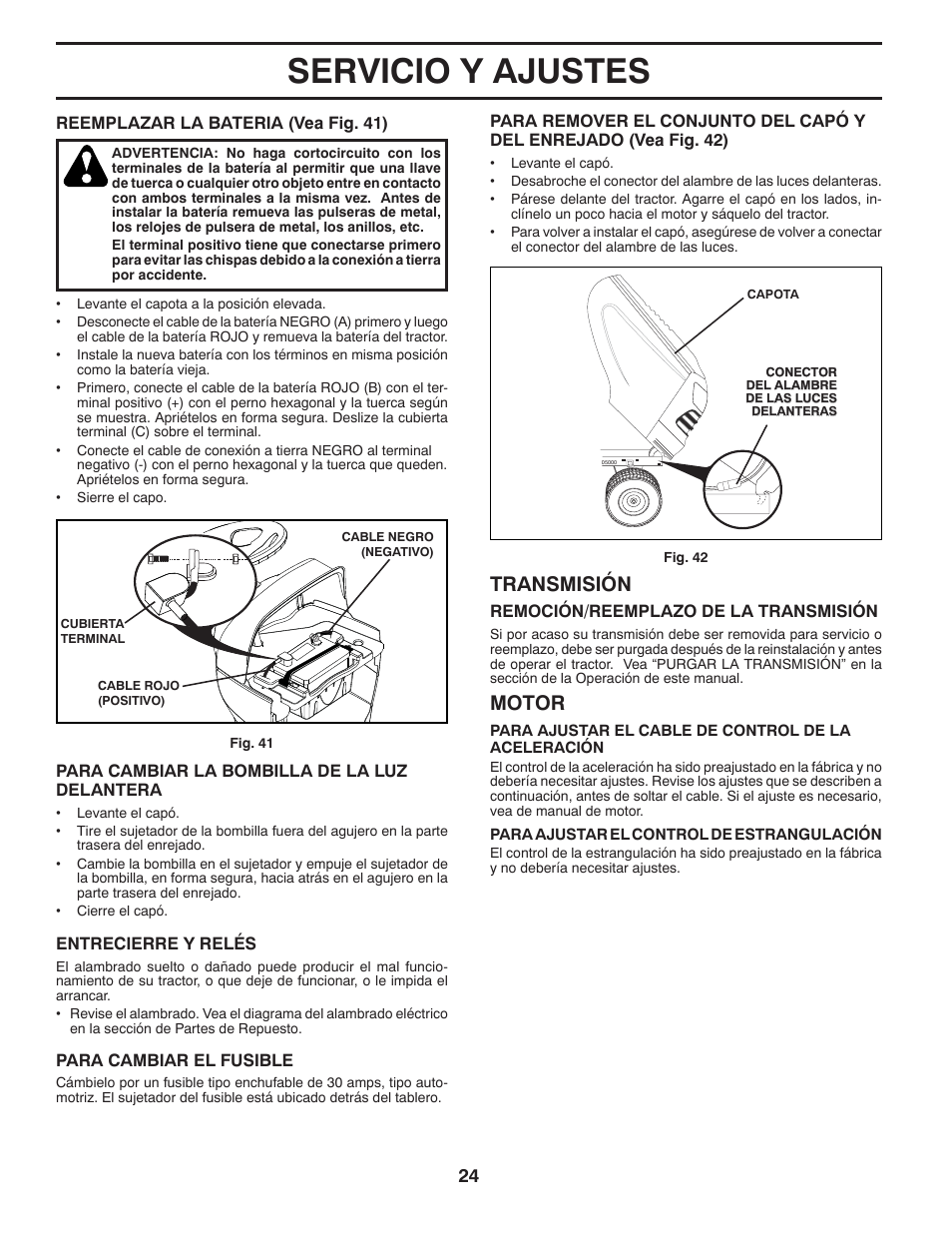 Servicio y ajustes, Transmisión, Motor | Poulan Pro PB23H48YT LAWN TRACTOR User Manual | Page 54 / 60