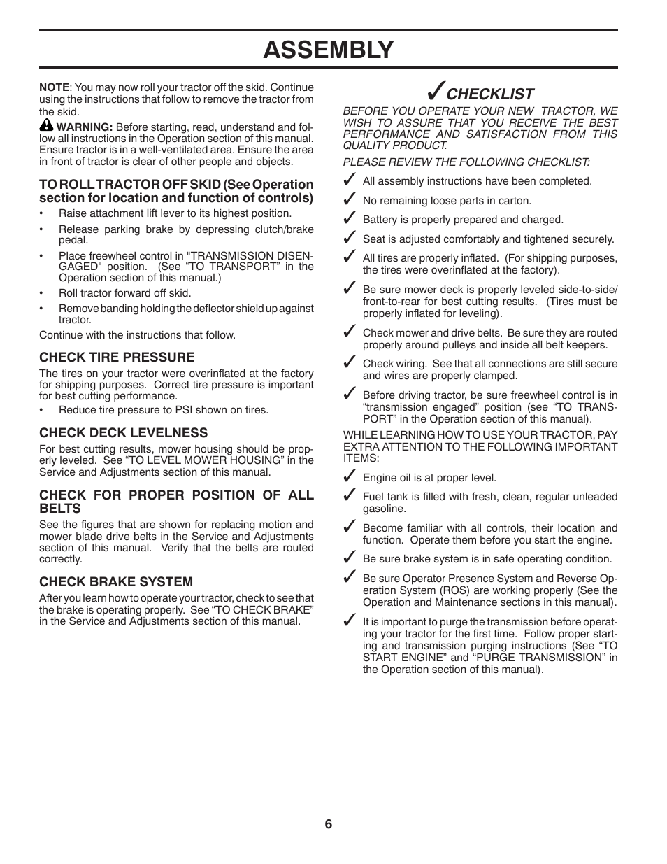 Assembly, Checklist | Poulan Pro PB23H48YT LAWN TRACTOR User Manual | Page 6 / 60