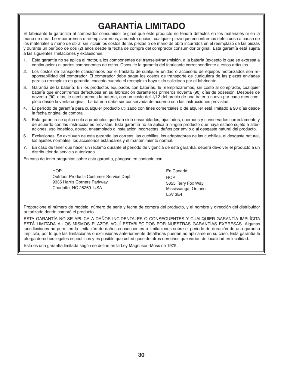 Garantía limitado | Poulan Pro PB23H48YT LAWN TRACTOR User Manual | Page 60 / 60