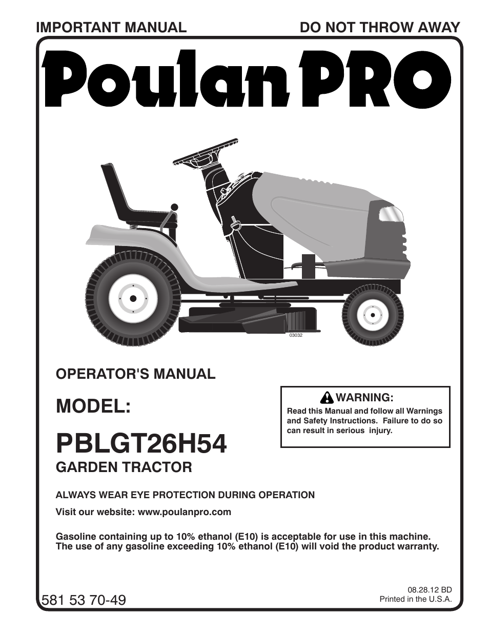 Poulan Pro PBLGT26H54 GARDEN TRACTOR User Manual | 30 pages