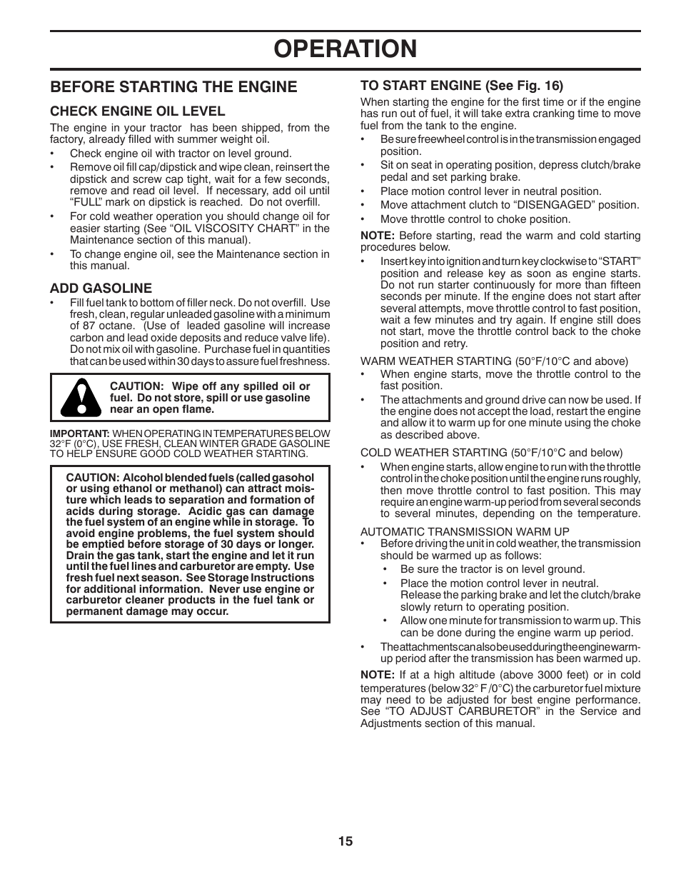 Operation, Before starting the engine | Poulan Pro PBLGT26H54 GARDEN TRACTOR User Manual | Page 15 / 30