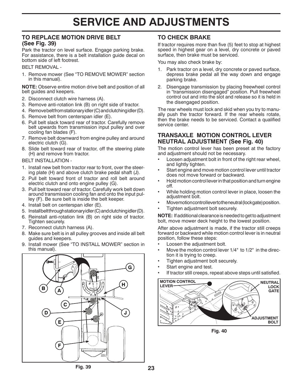 Service and adjustments | Poulan Pro PBLGT26H54 GARDEN TRACTOR User Manual | Page 23 / 30