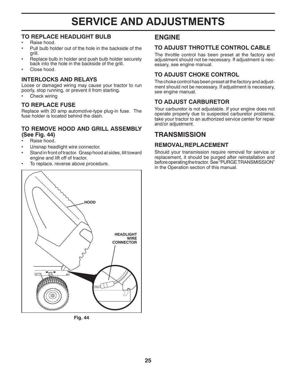 Service and adjustments, Engine, Transmission | Poulan Pro PBLGT26H54 GARDEN TRACTOR User Manual | Page 25 / 30