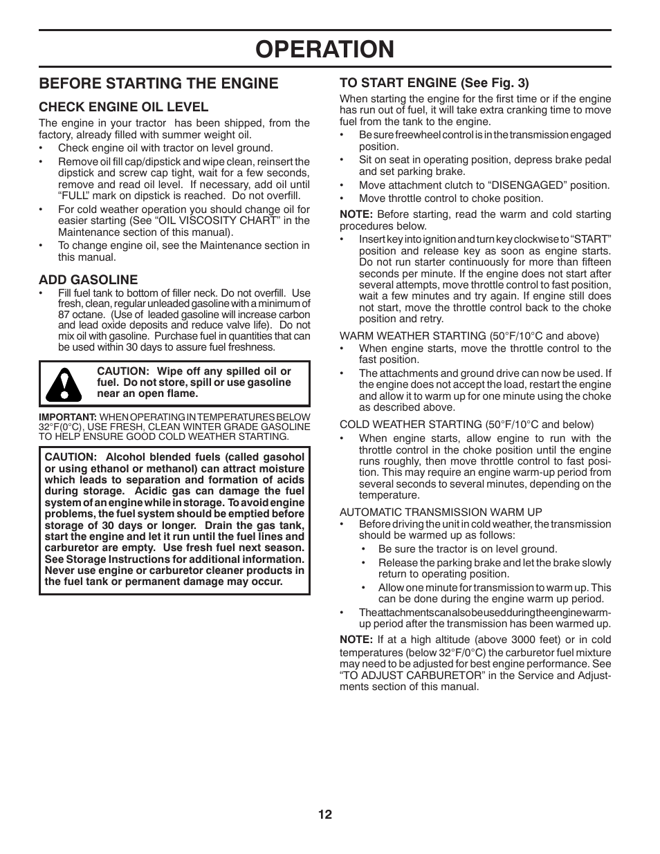 Operation, Before starting the engine | Poulan Pro PB23H48YT LAWN TRACTOR User Manual | Page 12 / 30