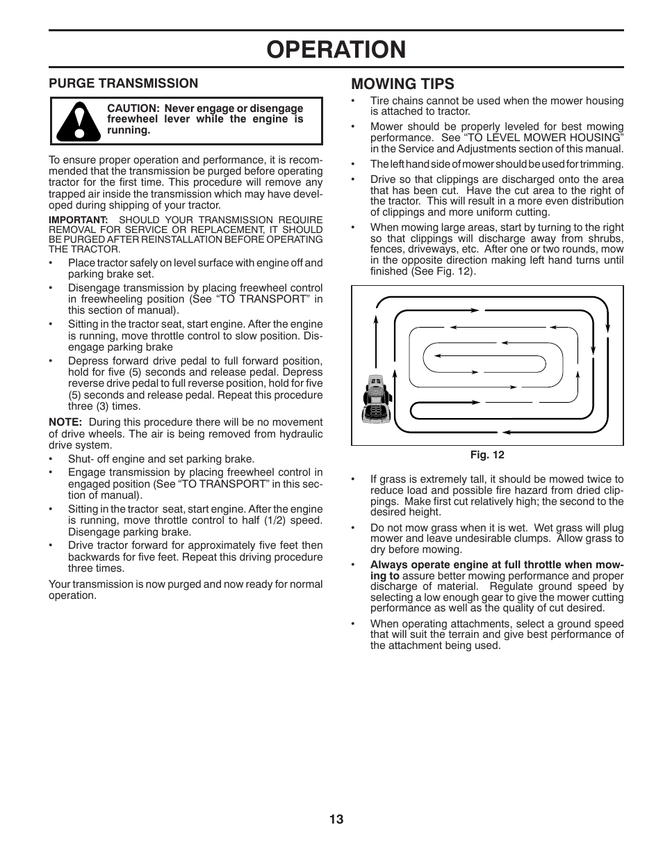 Operation, Mowing tips | Poulan Pro PB23H48YT LAWN TRACTOR User Manual | Page 13 / 30