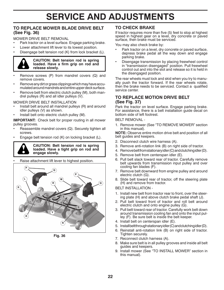 Service and adjustments | Poulan Pro PB23H48YT LAWN TRACTOR User Manual | Page 22 / 30