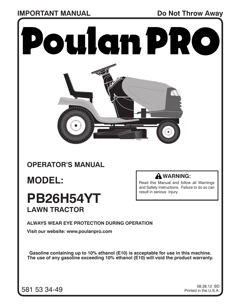 Poulan Pro PB26H54YT LAWN TRACTOR User Manual | 30 pages