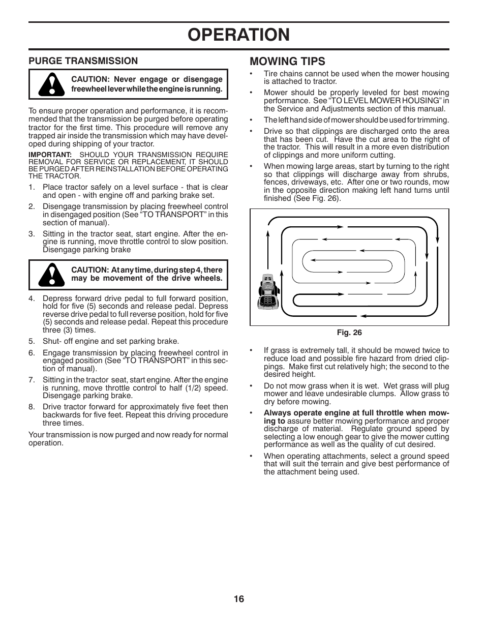 Operation, Mowing tips | Poulan Pro PB26H54YT LAWN TRACTOR User Manual | Page 16 / 30