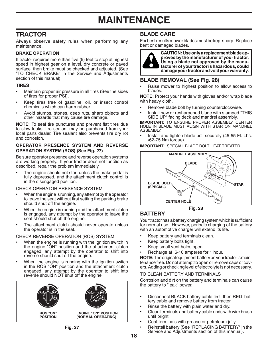 Maintenance, Tractor | Poulan Pro PB26H54YT LAWN TRACTOR User Manual | Page 18 / 30