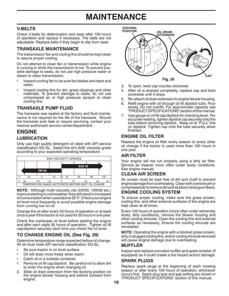 Maintenance, Engine, Engine oil filter | Lubrication, V-belts, Transaxle maintenance, Transaxle pump fluid, Clean air screen, Muffler, Spark plugs | Poulan Pro PB26H54YT LAWN TRACTOR User Manual | Page 19 / 30