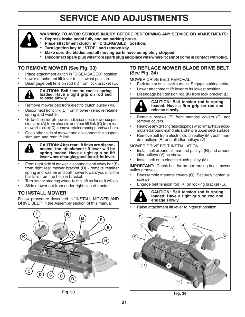 Service and adjustments | Poulan Pro PB26H54YT LAWN TRACTOR User Manual | Page 21 / 30