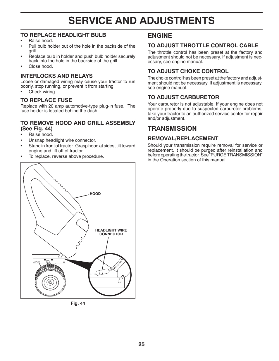 Service and adjustments, Engine, Transmission | Poulan Pro PB26H54YT LAWN TRACTOR User Manual | Page 25 / 30