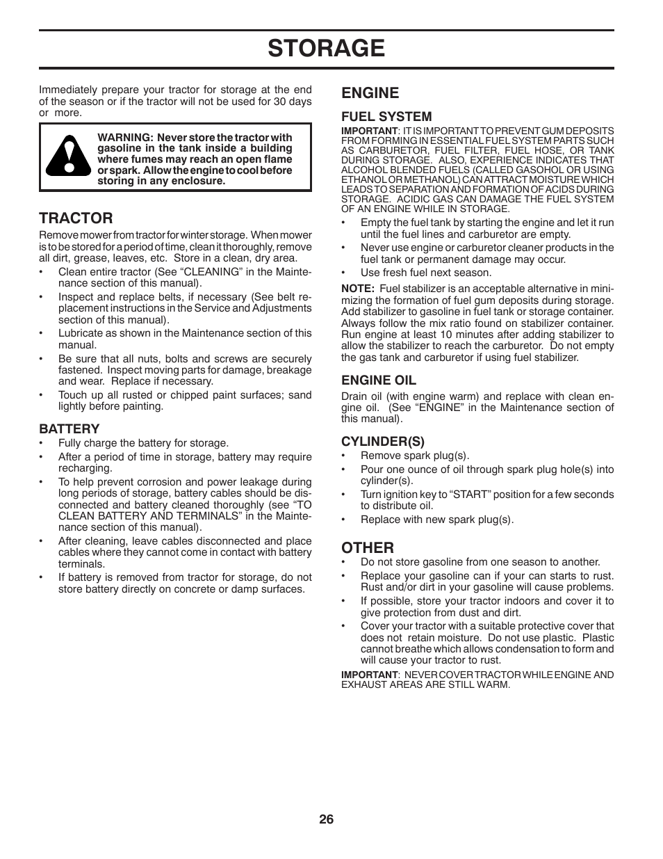 Storage, Tractor, Engine | Other | Poulan Pro PB26H54YT LAWN TRACTOR User Manual | Page 26 / 30