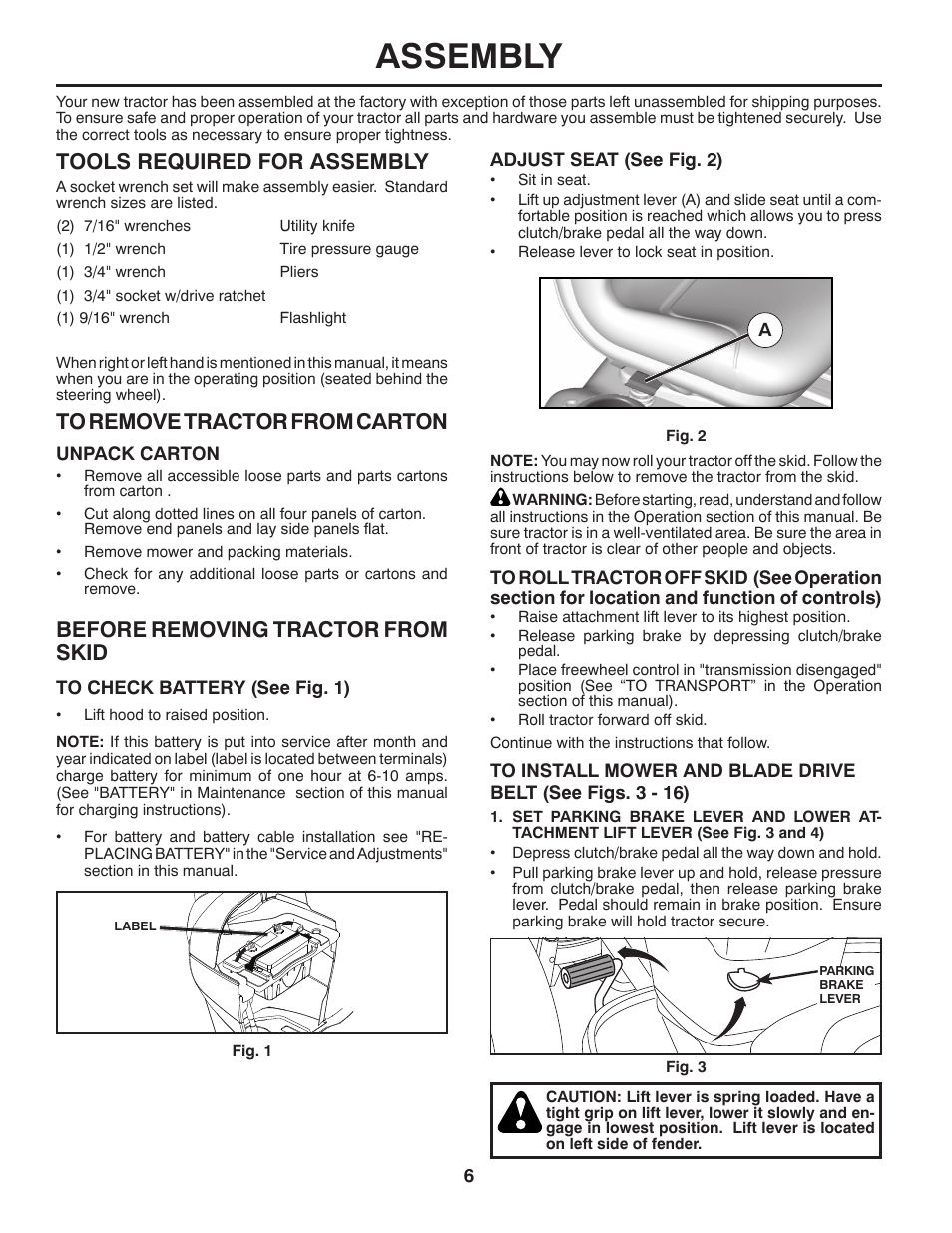 Assembly, Before removing tractor from skid, Tools required for assembly | Poulan Pro PB26H54YT LAWN TRACTOR User Manual | Page 6 / 30