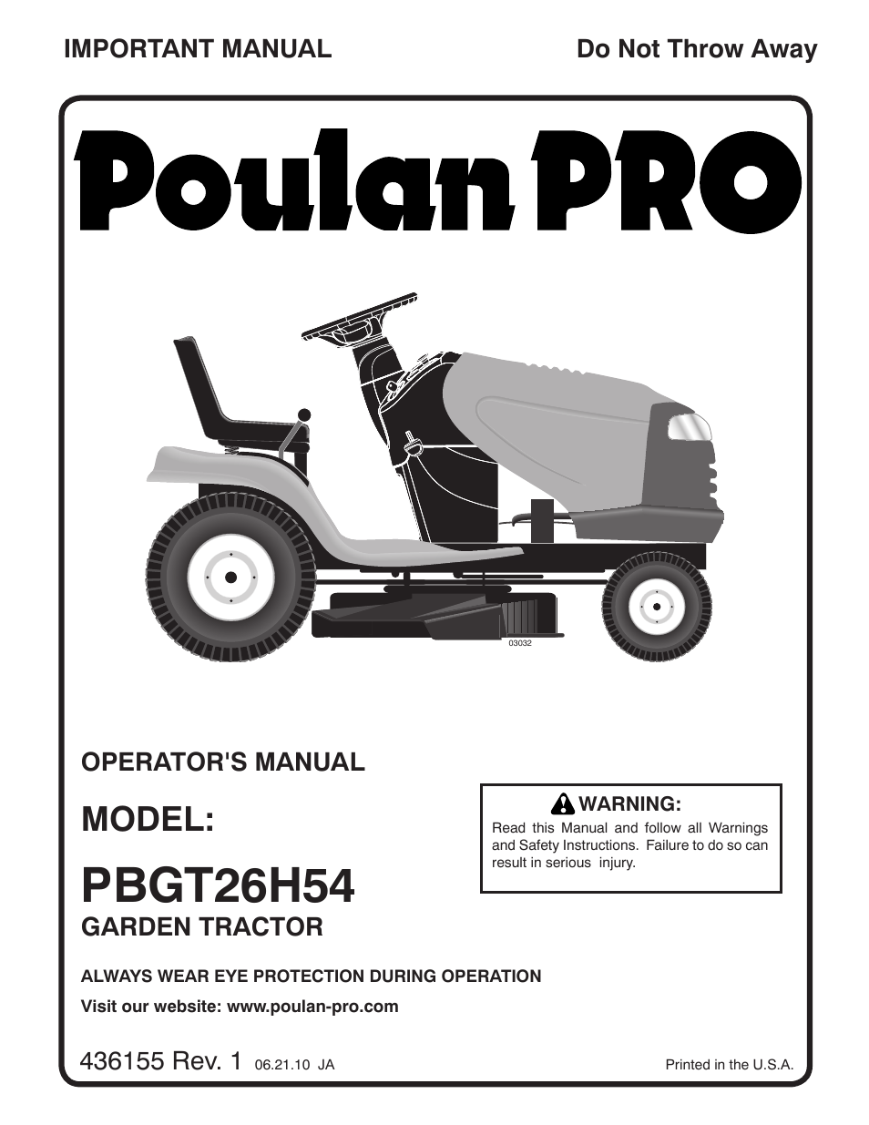 Poulan Pro PBGT26H54 GARDEN TRACTOR User Manual | 30 pages