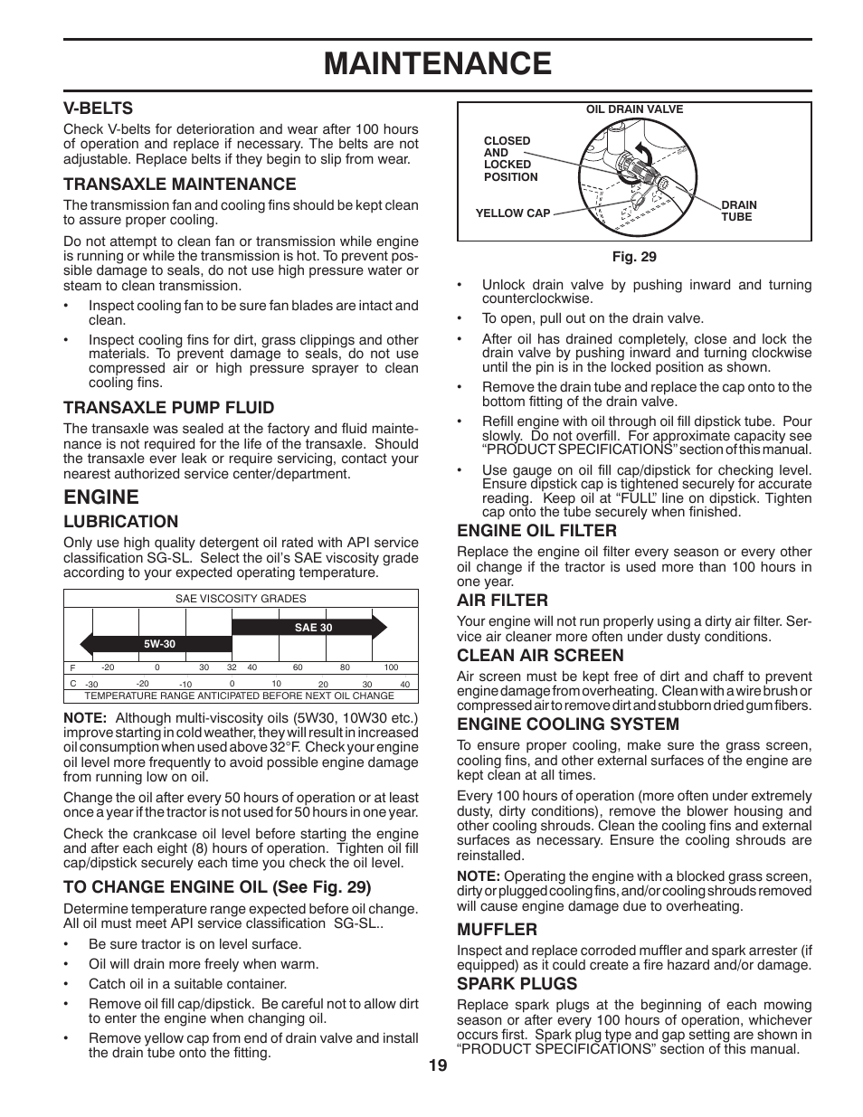 Maintenance, Engine, Engine oil filter | Lubrication, V-belts, Transaxle maintenance, Transaxle pump fluid, Air filter, Clean air screen, Muffler | Poulan Pro PBGT26H54 GARDEN TRACTOR User Manual | Page 19 / 30