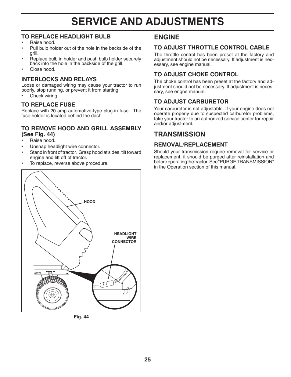 Service and adjustments, Engine, Transmission | Poulan Pro PBGT26H54 GARDEN TRACTOR User Manual | Page 25 / 30