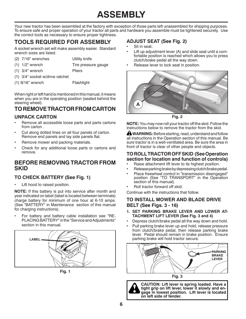 Assembly, Before removing tractor from skid, Tools required for assembly | Poulan Pro PBGT26H54 GARDEN TRACTOR User Manual | Page 6 / 30