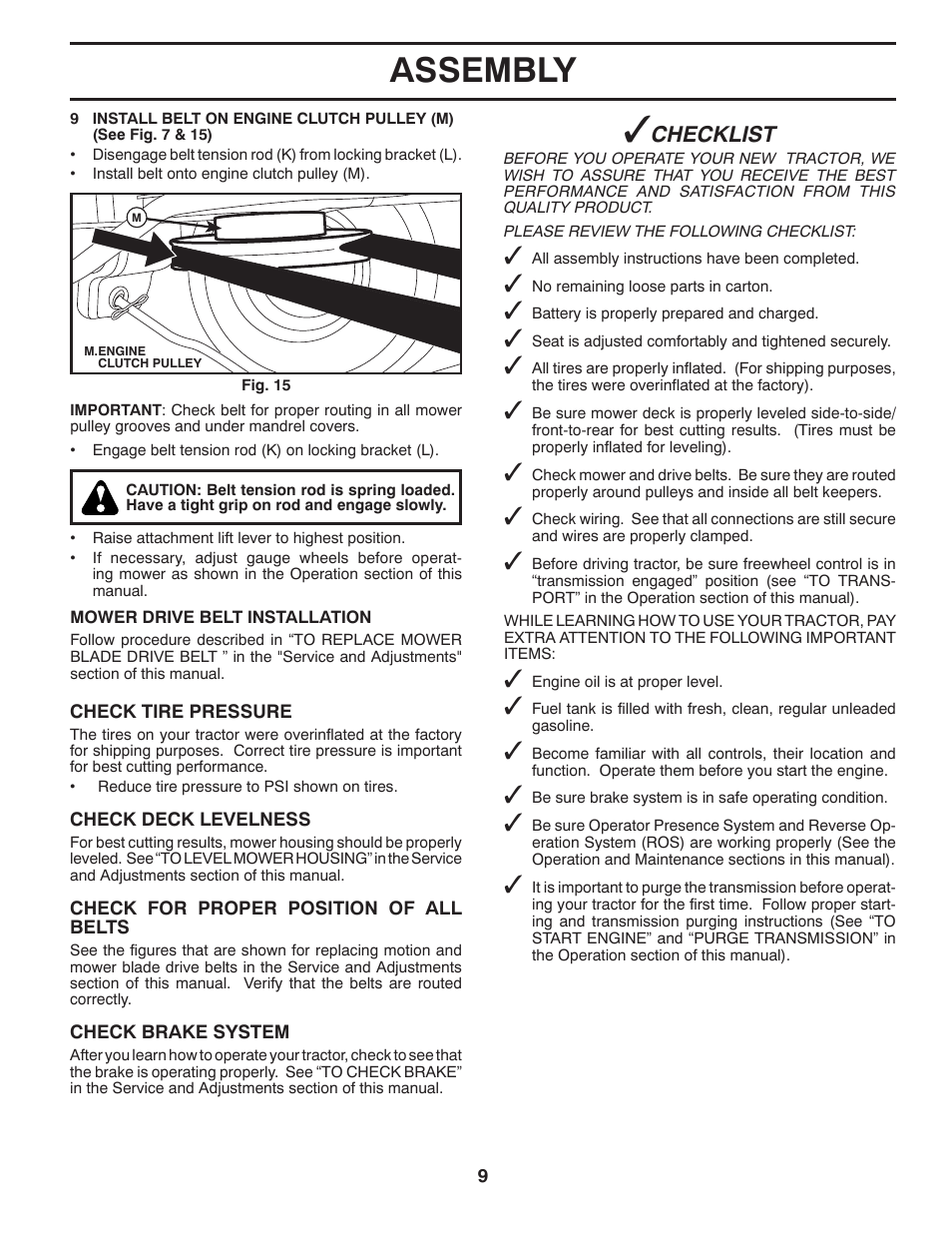 Assembly, Checklist | Poulan Pro PBGT26H54 GARDEN TRACTOR User Manual | Page 9 / 30