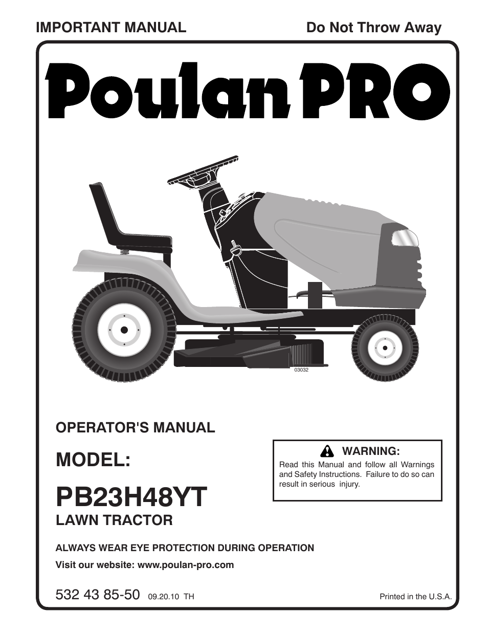 Poulan Pro PB23H48YT LAWN TRACTOR User Manual | 28 pages