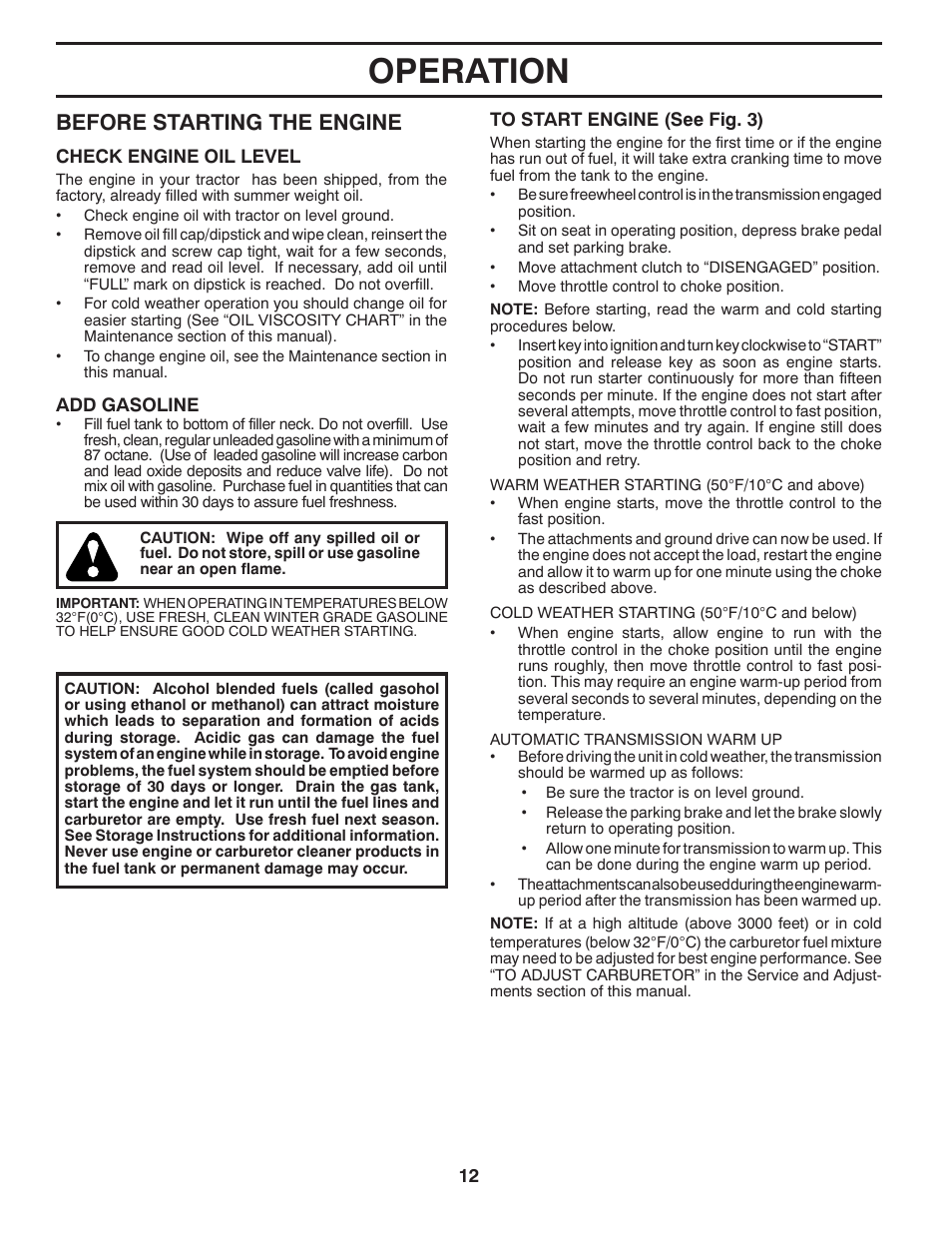 Operation, Before starting the engine | Poulan Pro PB23H48YT LAWN TRACTOR User Manual | Page 12 / 28