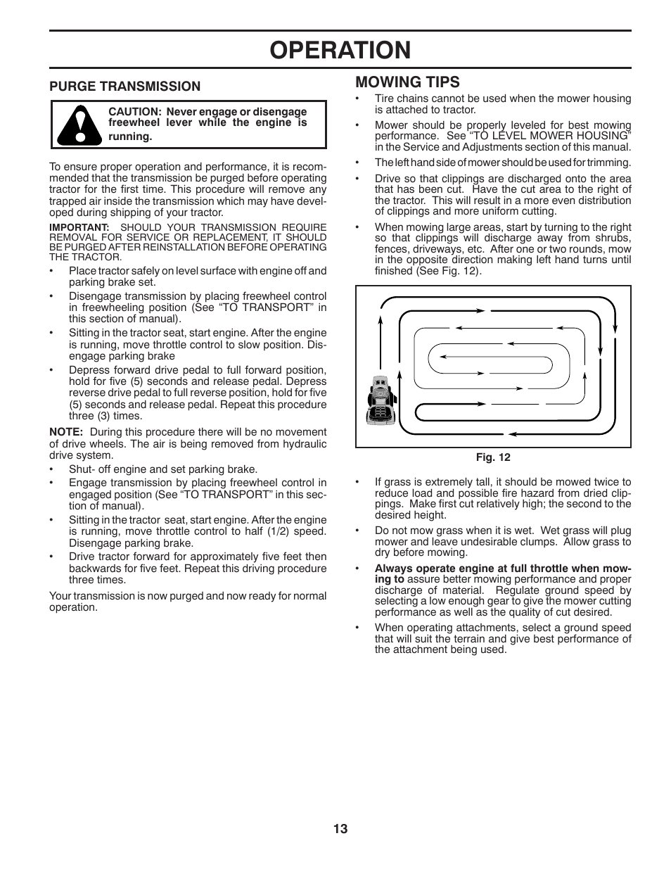 Operation, Mowing tips | Poulan Pro PB23H48YT LAWN TRACTOR User Manual | Page 13 / 28