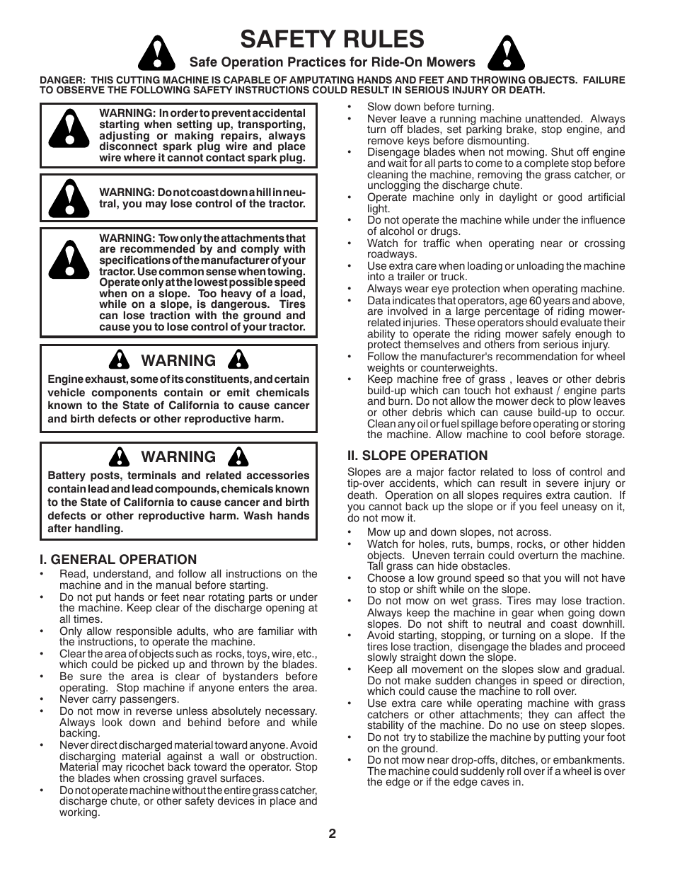 Safety rules, Warning | Poulan Pro PB23H48YT LAWN TRACTOR User Manual | Page 2 / 28