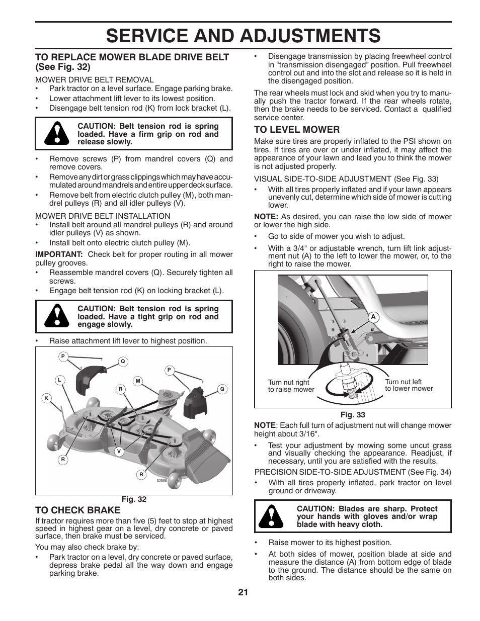 Service and adjustments | Poulan Pro PB23H48YT LAWN TRACTOR User Manual | Page 21 / 28