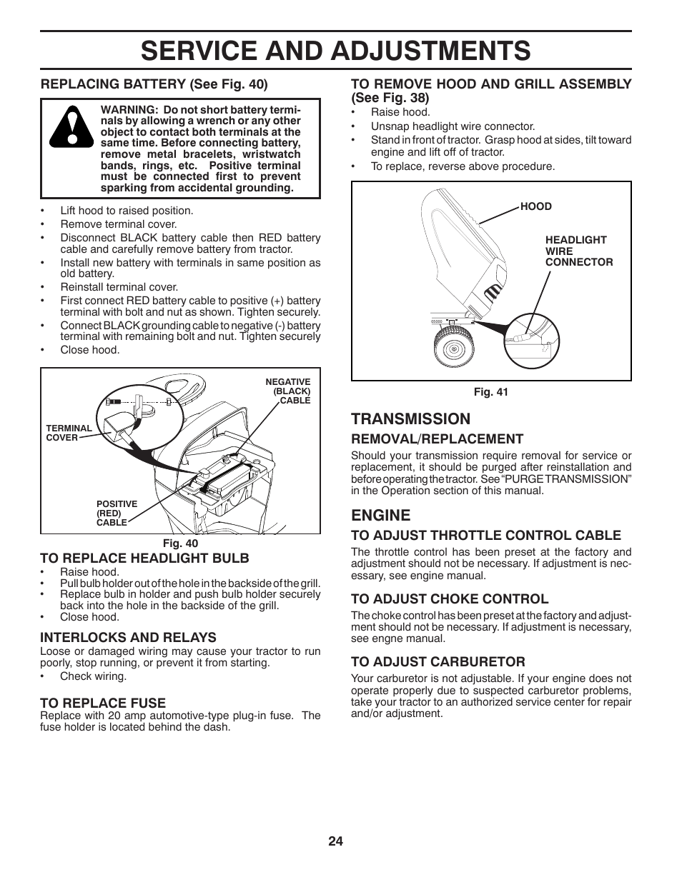 Service and adjustments, Engine, Transmission | Poulan Pro PB23H48YT LAWN TRACTOR User Manual | Page 24 / 28