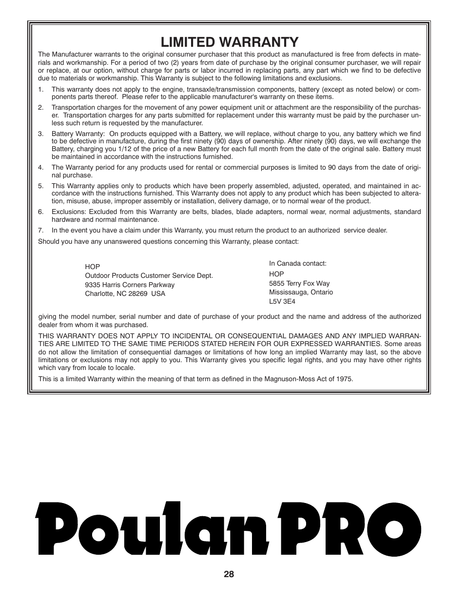 Limited warranty | Poulan Pro PB23H48YT LAWN TRACTOR User Manual | Page 28 / 28