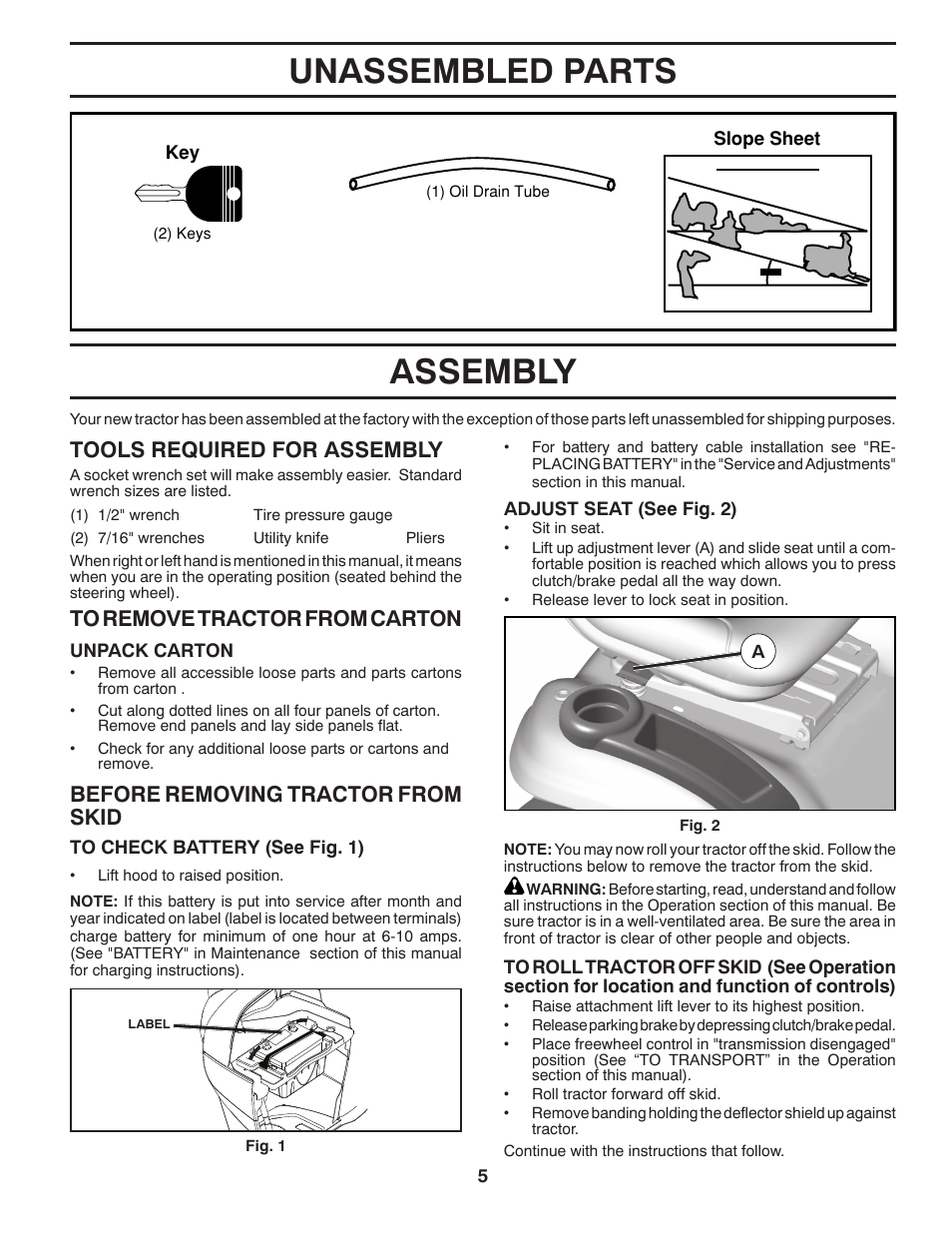 Assembly, Assembly unassembled parts | Poulan Pro PB23H48YT LAWN TRACTOR User Manual | Page 5 / 28