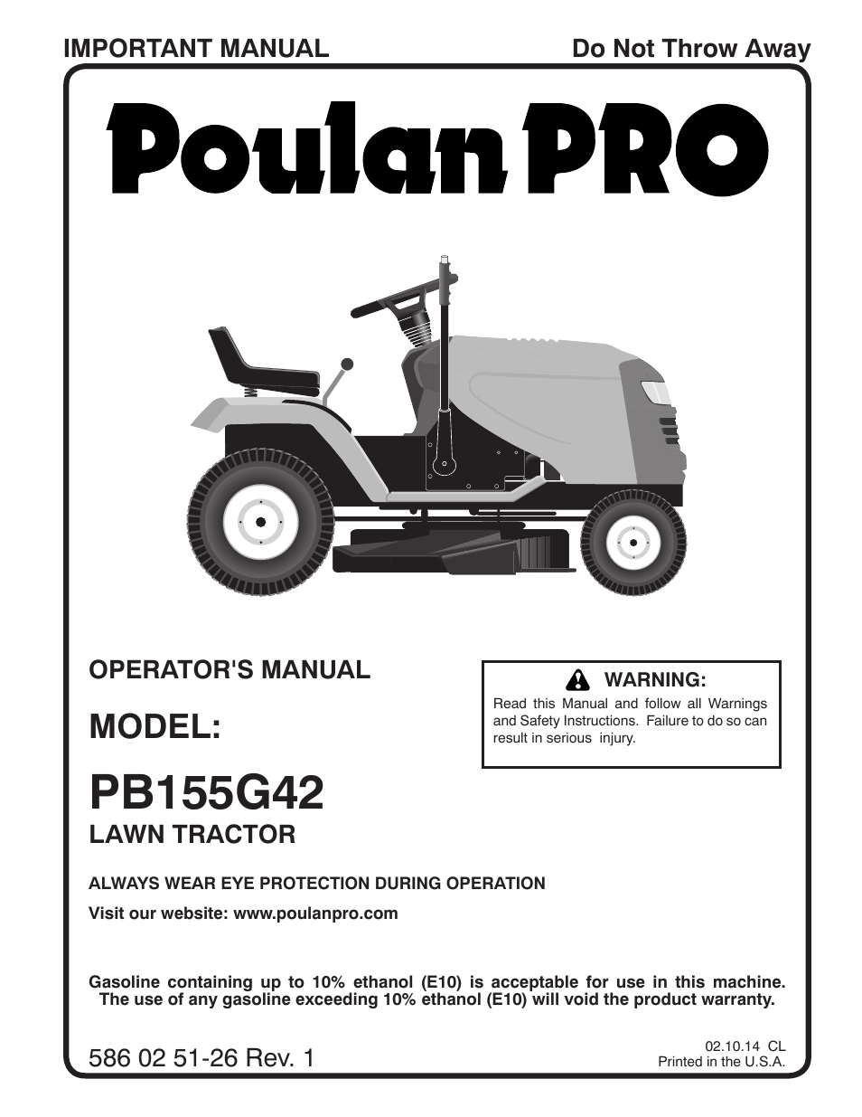 Poulan Pro PB155G42 LAWN TRACTOR User Manual | 56 pages