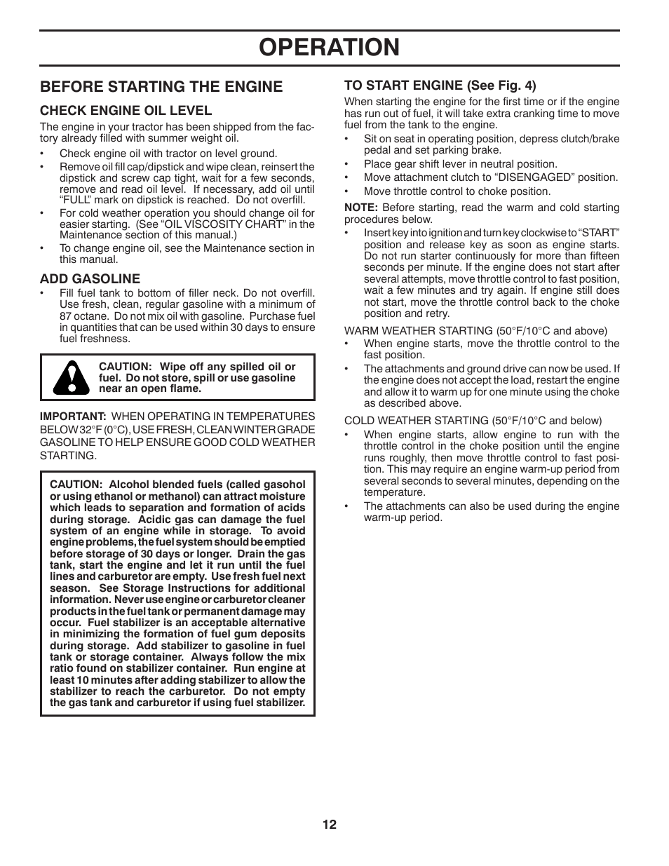 Operation, Before starting the engine | Poulan Pro PB155G42 LAWN TRACTOR User Manual | Page 12 / 56