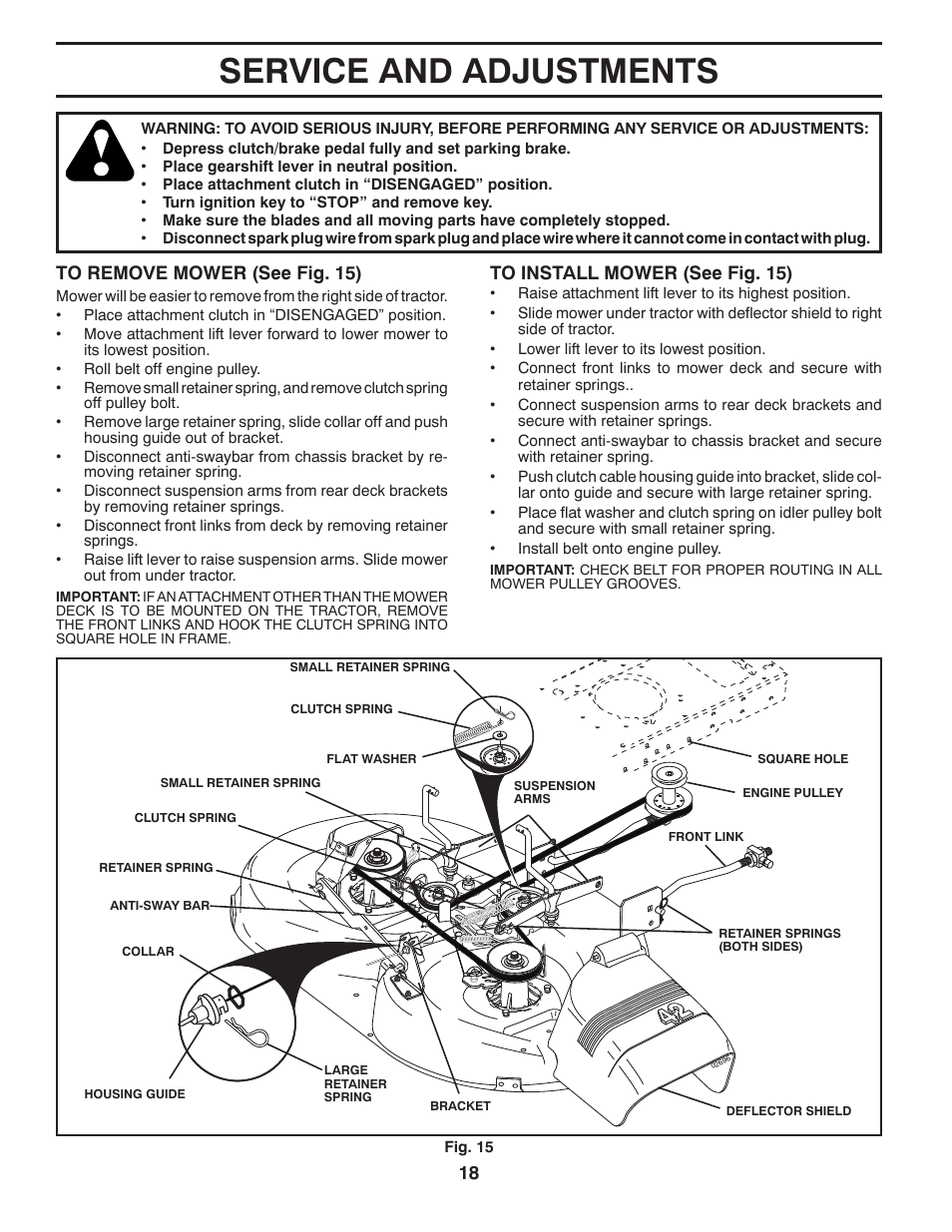 Service and adjustments | Poulan Pro PB155G42 LAWN TRACTOR User Manual | Page 18 / 56