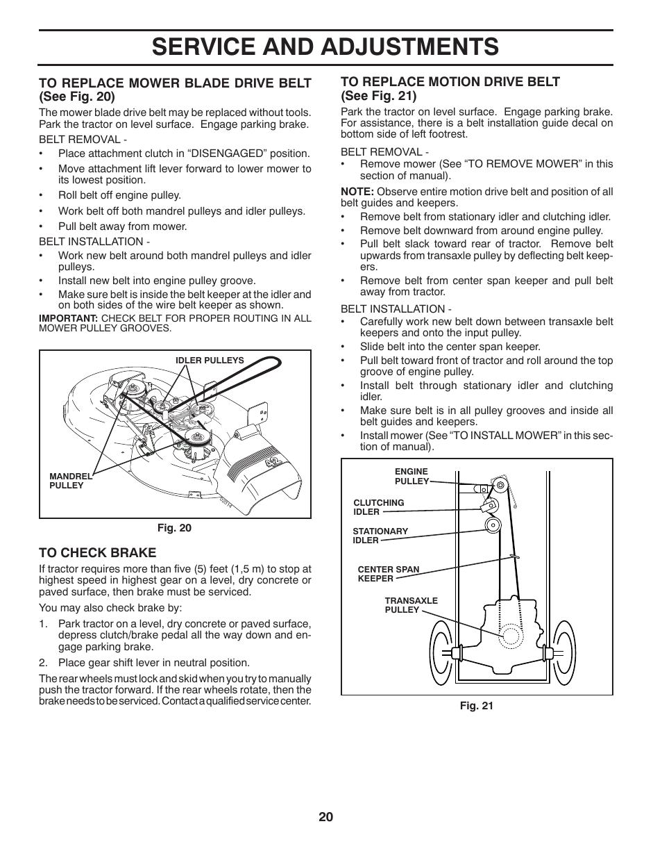 Service and adjustments | Poulan Pro PB155G42 LAWN TRACTOR User Manual | Page 20 / 56