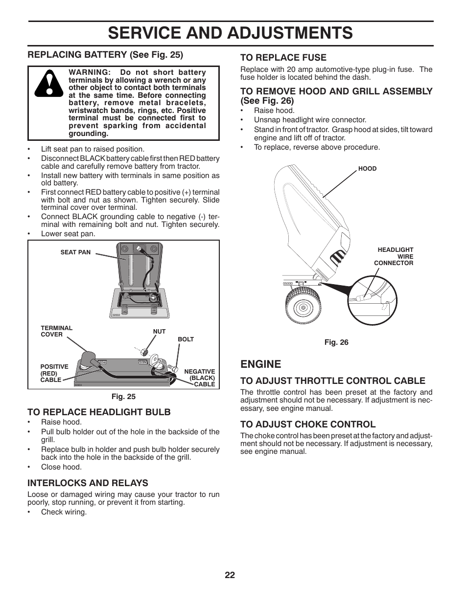 Service and adjustments, Engine | Poulan Pro PB155G42 LAWN TRACTOR User Manual | Page 22 / 56