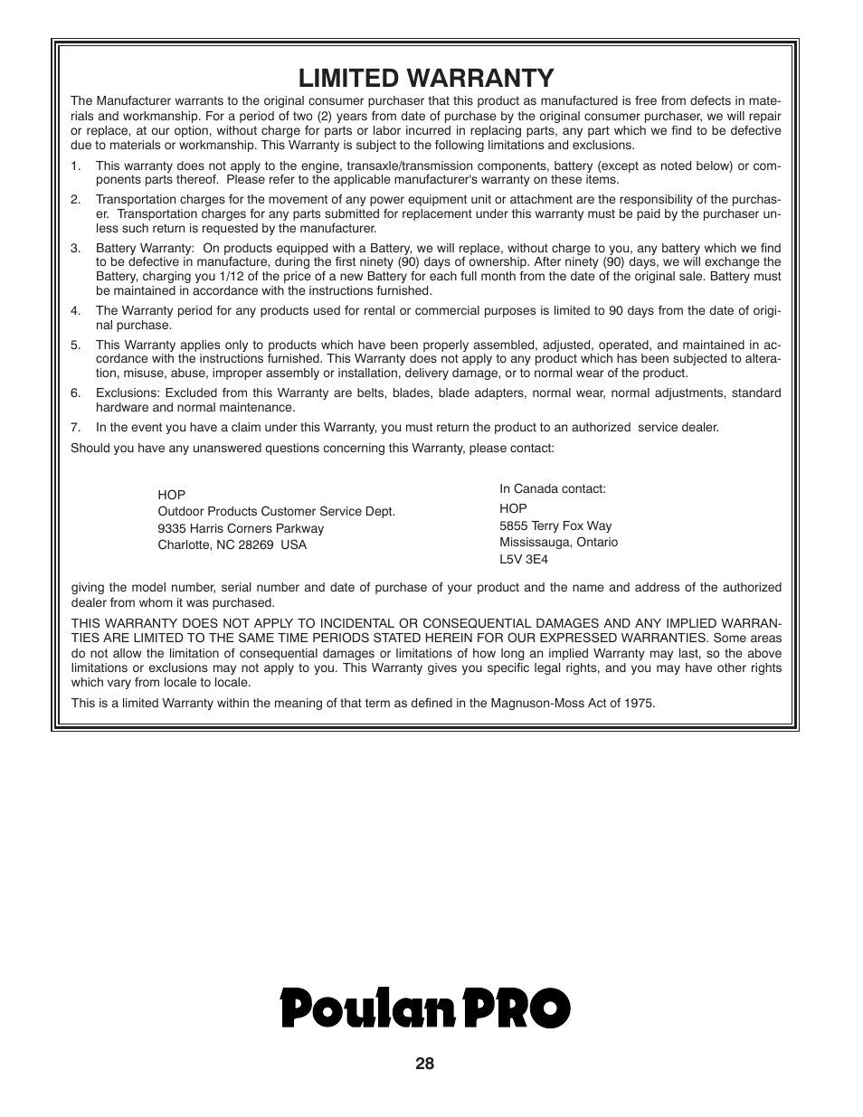 Limited warranty | Poulan Pro PB155G42 LAWN TRACTOR User Manual | Page 28 / 56